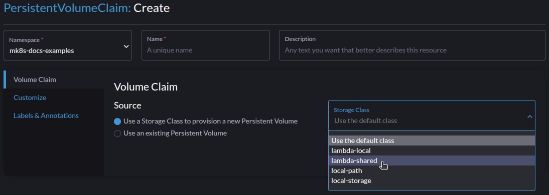 Screenshot of creating a PersistentVolumeClaim