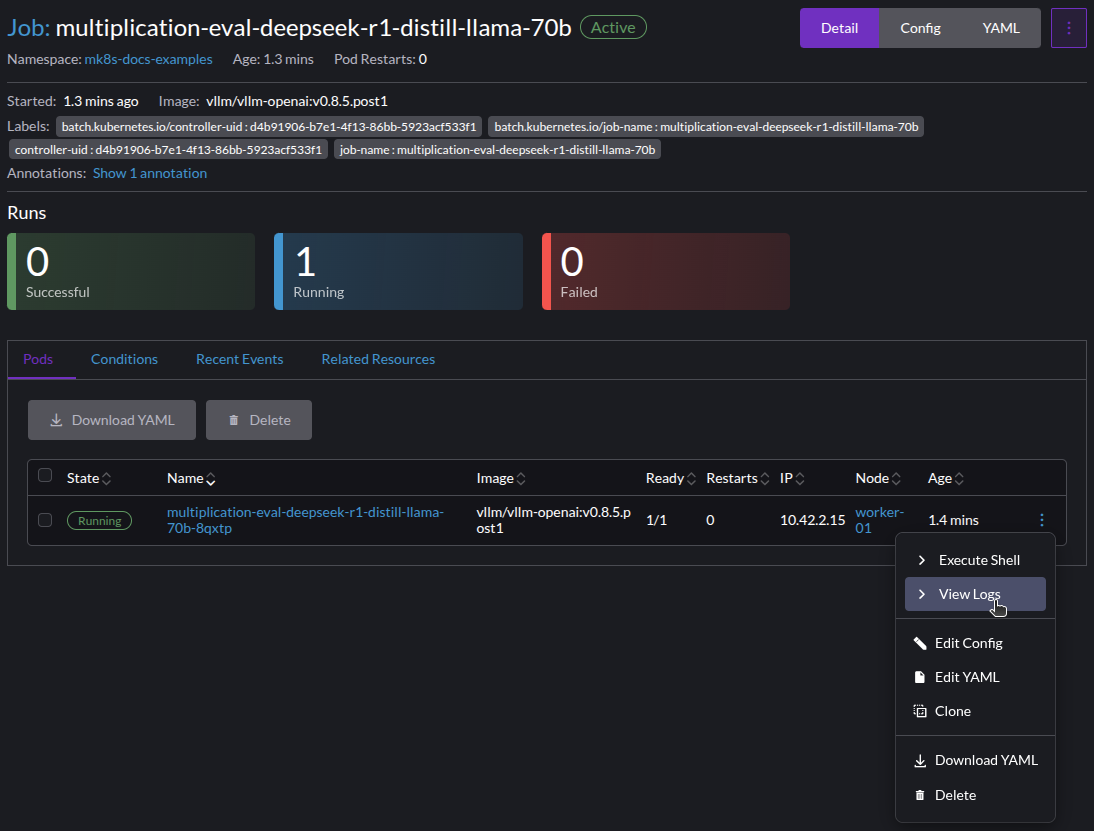 Screenshot of how to view Job Pod logs