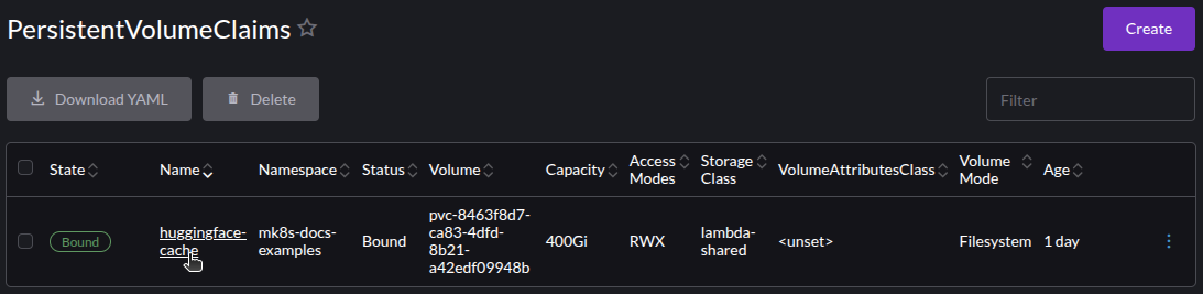 Screenshot of PersistentVolumeClaims