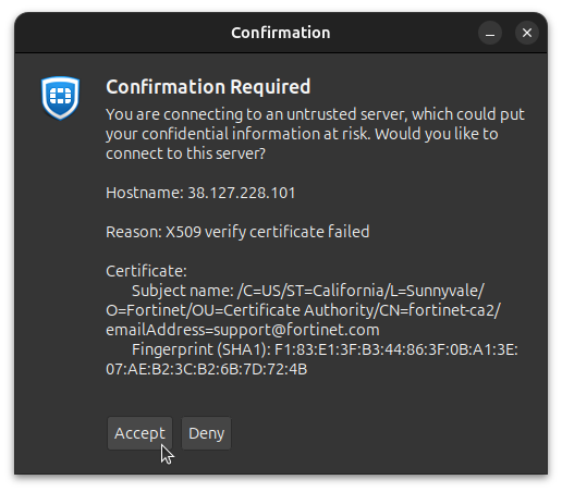 Screenshot of prompt to accept or deny certificate