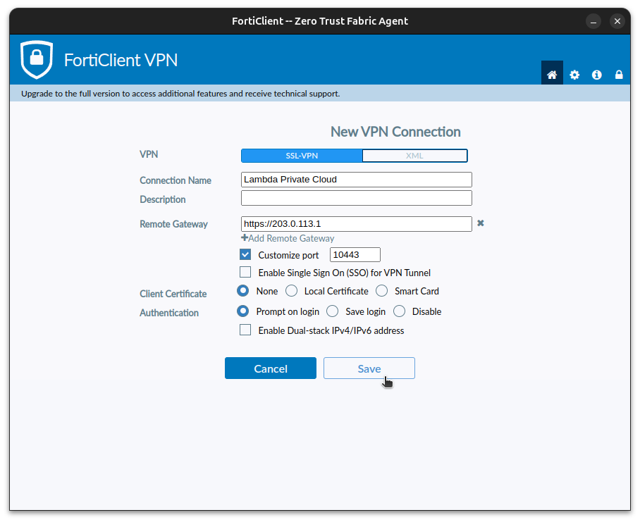 Screenshot of a FortiClient VPN connection configured for Private Cloud